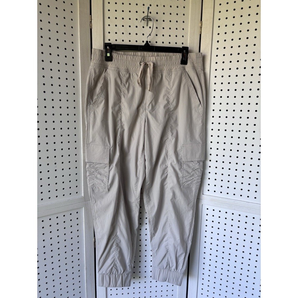 Eddie Bauer Women's M Cargo‎ Nylon Jogger Pants Drawstring Beige Pull On Striped